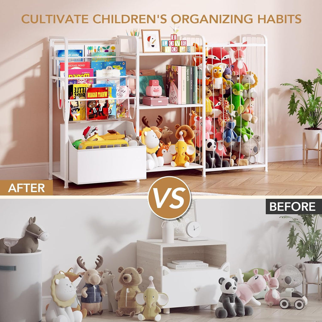 BBLIKE Kids Bookshelf and Toy Storage Organizer, 3-in-1 Toddler Montessori Bookcase with Stuffed Animal Storage & Movable Toy Chest, Large Plushies Holder for Nursery Playroom Bedroom, White