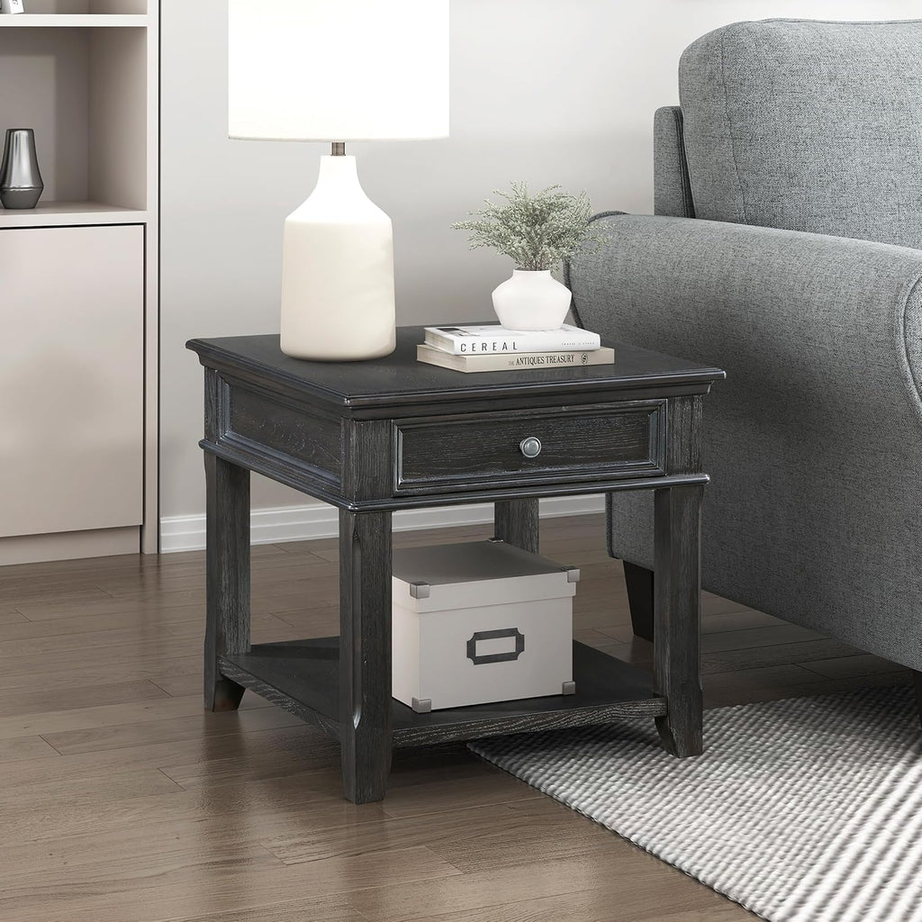 Lexicon Mid Century Modern 24" x 27" End Table with Storage, Wood Side Table with USB Charging Ports and Outlet, 1 Dovetail Drawer and Open Storage Shelf for Living Room/Bedroom, Charcoal