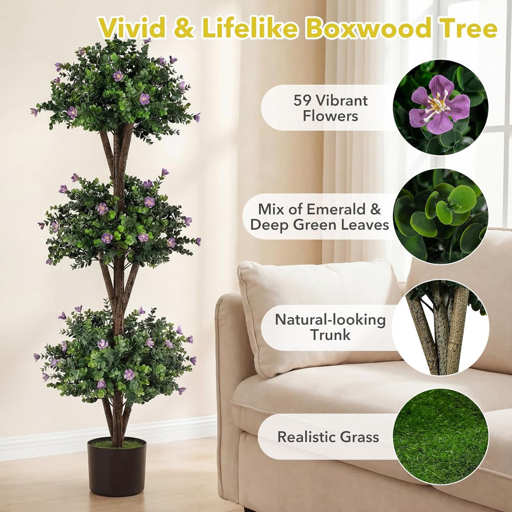 Goplus 51" Artificial Triple Ball Boxwood Topiary Tree, Faux Bush Plant with 59 Blossoms, Cement-Filled Plastic Pot, Sun-Resistant Indoor Outdoor Fake Greenery for Porch Home Decoration Housewarming