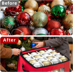 JY COOKMENT Christmas Ornament Storage Box with Adjustable Dividers, Premium Holiday Ornaments Storage Container Bin with Zippered Top for Xmas Decorations (64-3" Balls, Red, Without Tray)