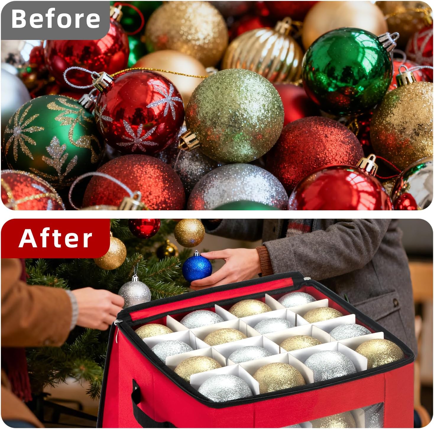 JY COOKMENT Christmas Ornament Storage Box with Adjustable Dividers, Premium Holiday Ornaments Storage Container Bin with Zippered Top for Xmas Decorations (64-3" Balls, Red, Without Tray)
