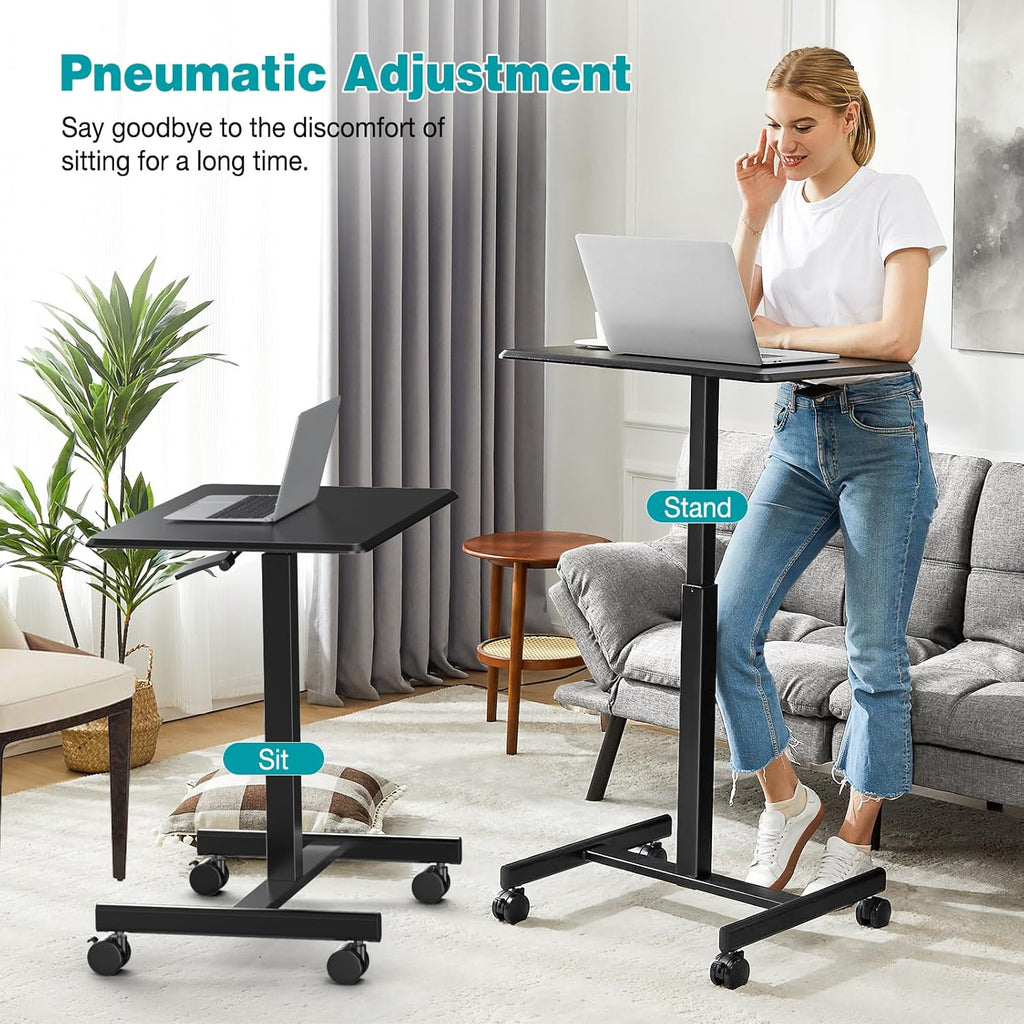 DUMOS Small Rolling Desk Mobile Standing Portable Laptop PC Table with Wheels Adjustable Height Computer Workstation for Home Office, Compact Small Space, Easy Assembly, Modern Black