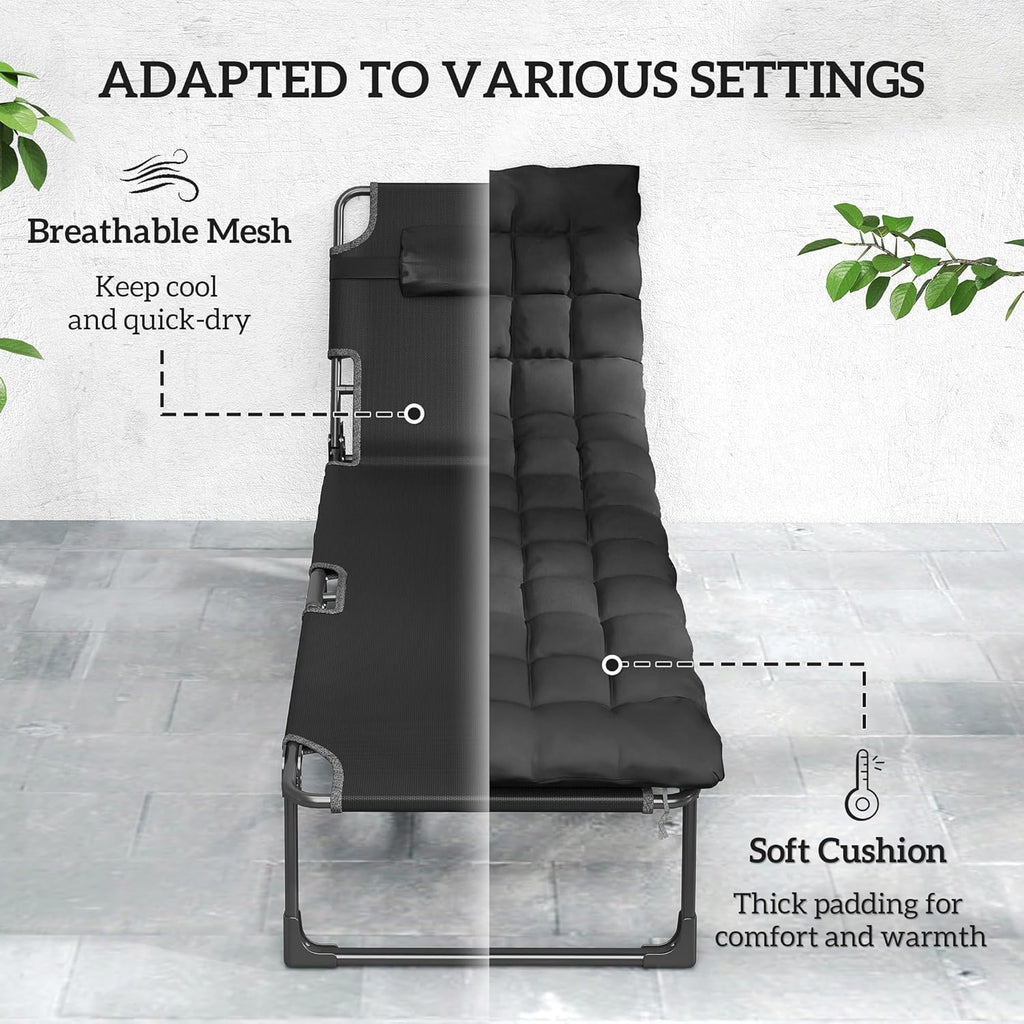 Outsunny Chaise Lounge Chair Outdoor Set of 2, 5-Position Reclining Pool Lounge Chairs with Cushions, Side Pocket, Headrest, Folding Lounger Tanning Chair Camping Cot for Patio, Beach, Black