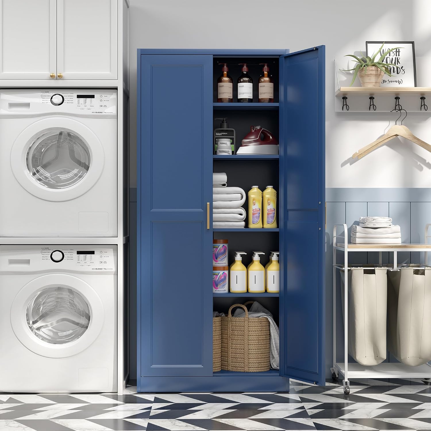 SteeLoong Kitchen Pantry Cabinet,71” Metal Pantry Storage Cabinets with Doors and 4 Adjustable Shelves,Blue Kitchen Cabinet with 2 Gold Handles,Tall Cabinet for Livingroom
