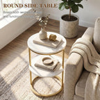 C Shaped end Table,2 Tier Wood Round Side Table for Couch,Small Sofa Table with Metal Frame for Bedroom,Living Room,Bedside,Gold(11.8" D x 11.8" W x 22.9" H)
