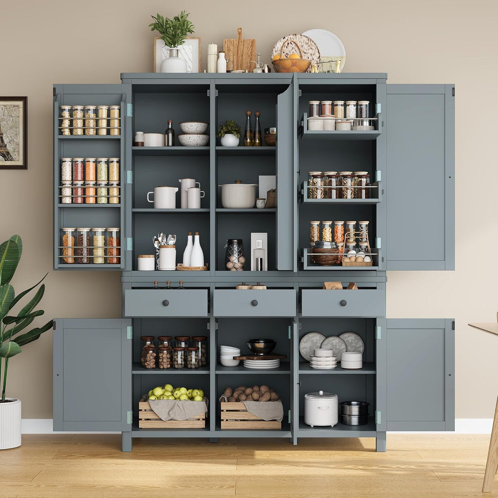Pantry Storage Cabinet with Door Shelves and Drawers, Freestanding Tall Cupboard with Adjustable Shelves and Pull-Out Trays (Gray)