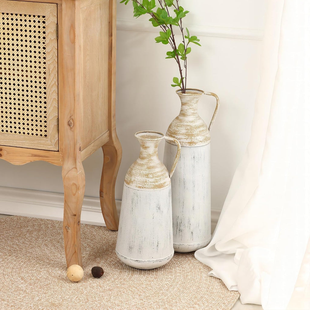 LuxenHöme Tall Floor Vase,Set of 2,Distressed Off White and Brown Rustic Metal Vases,Farmhouse Home Decor Accessories for Living Room,Fireplace and Entryway Decorative