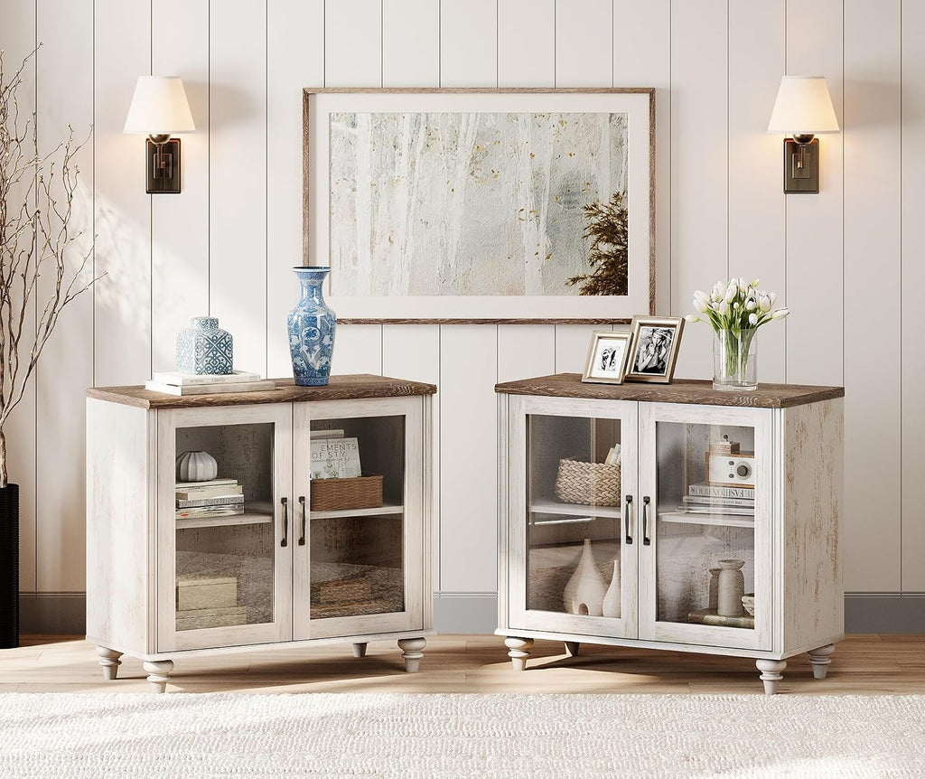 WAMPAT Farmhouse End Table with Ample Storage, Set of 2 Large Mid Century Modern Wood Bedside Table, Wide Sofa Side End Table with Glass Doors, Cabinet for Living Room, Bedroom, Rustic White