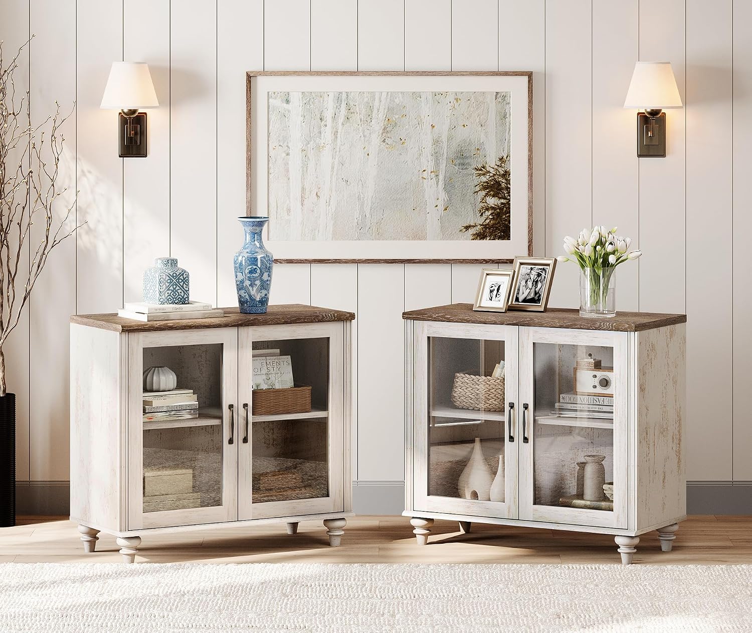 WAMPAT Farmhouse End Table with Ample Storage, Set of 2 Large Mid Century Modern Wood Bedside Table, Wide Sofa Side End Table with Glass Doors, Cabinet for Living Room, Bedroom, Rustic White
