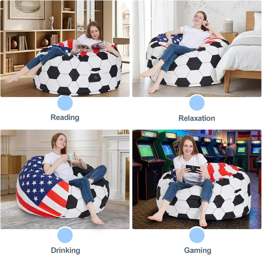 4FT Soccer Football Bean Bag Chair with Printed Flag Bean Bag Cover for Adults&Kids,2026 World Cup USA Fan Large Memory Foam Beanbags Ideal for Game Day & Living Room Bedroom