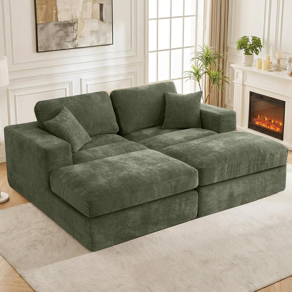 80.7" Oversized Double Chaise Lounge Chair Indoor, Cloud Boneless Sleeper Sofa Bed with 4 Pillows, Extra Deep Seat Cozy Loveseat Couch for Living Room Bedroom, No Assembly Required (Green)