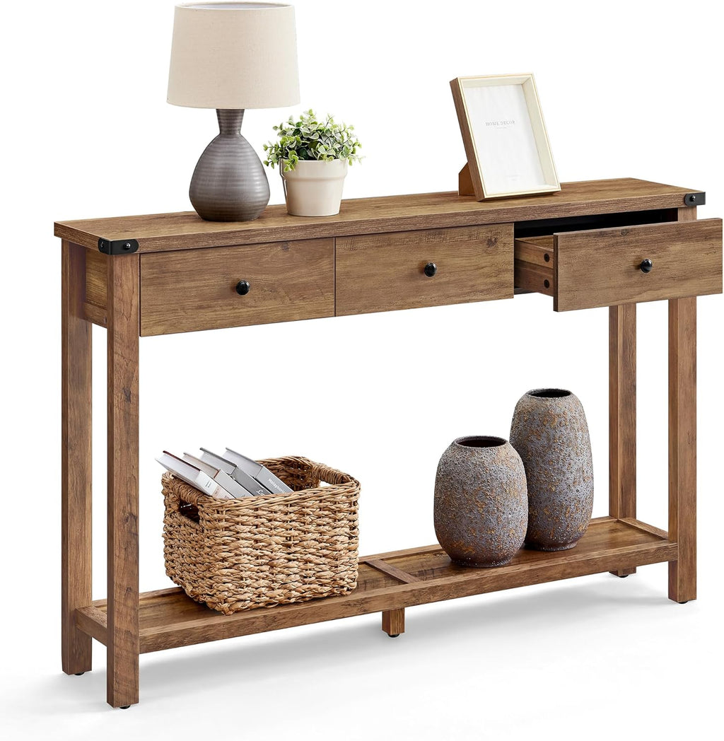 VASAGLE LIRY Collection - Console Sofa Table, Narrow Entryway Table with 3 Drawers, Open Storage Shelf, Metal Corners, for Living Room, Farmhouse Style, Honey Brown ULNT142KB02S