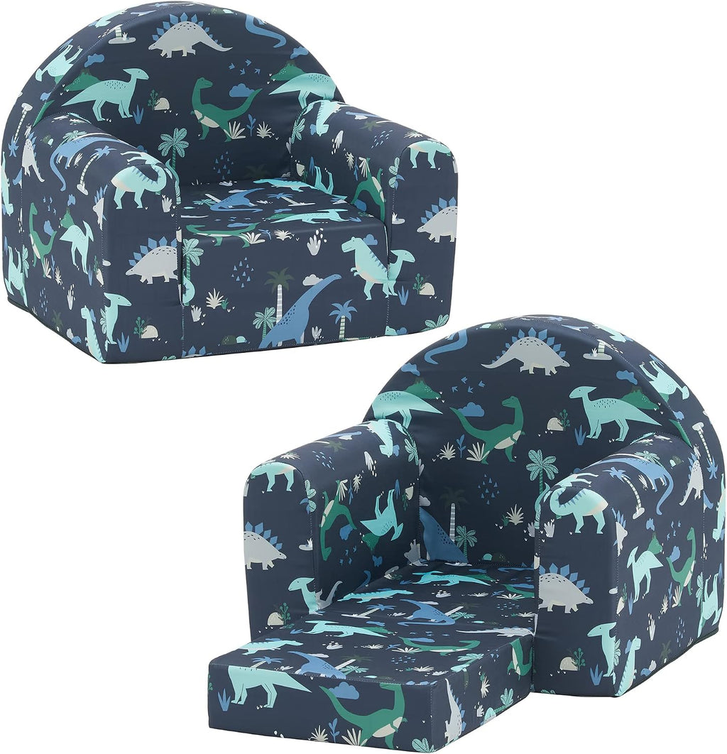 Ulax furniture Kids Sofa Couch, 2-in-1 Flip Out Toddler Couch, Baby Lounge Chair (Navy Dinosaur)