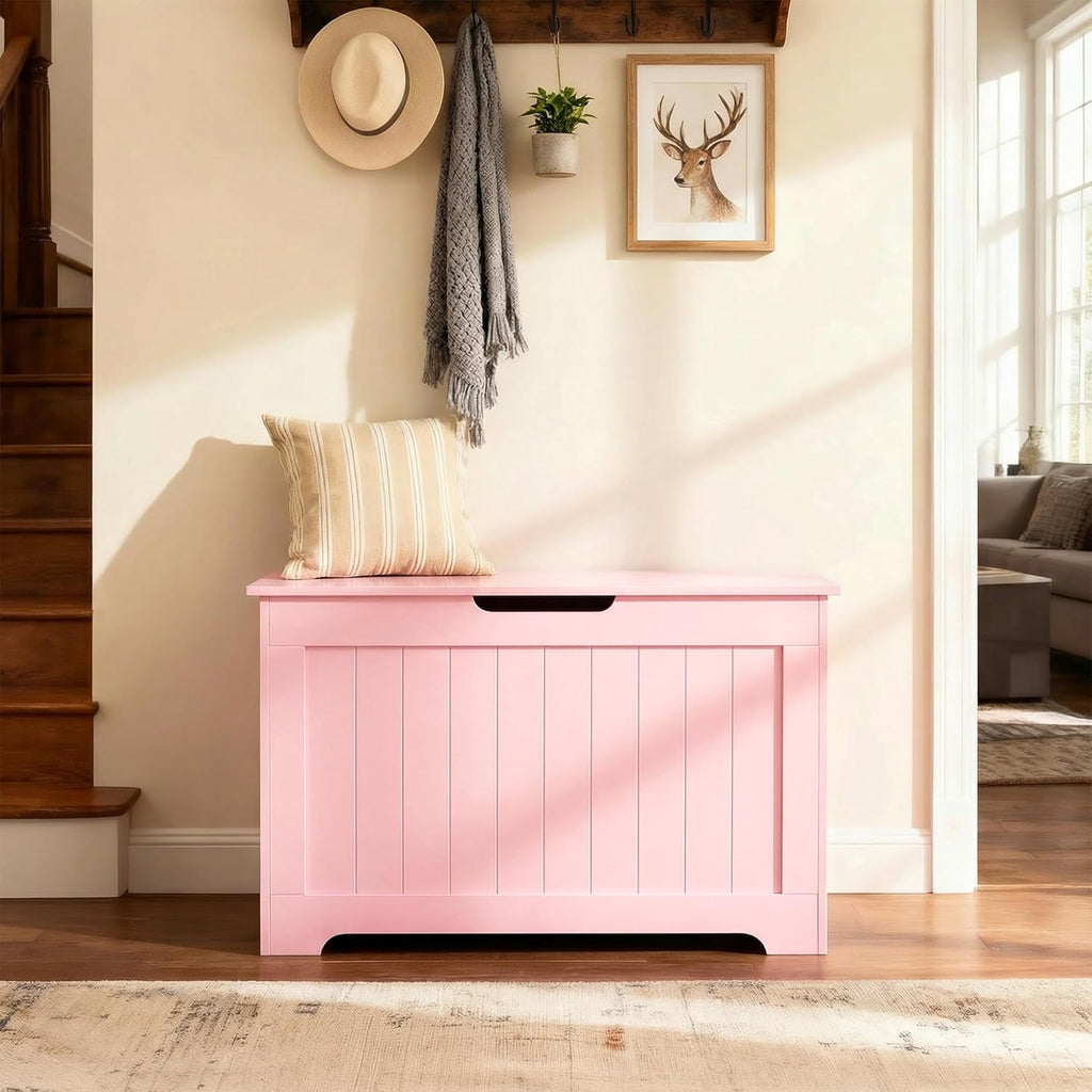 JungleA 30'' Box Storage Chest Trunk, Wooden Storage Bench Organizer Box Shoe Blanket Chest, w/2 Safety Hinges, for Living Room, Bedroom, Entryway, Pink