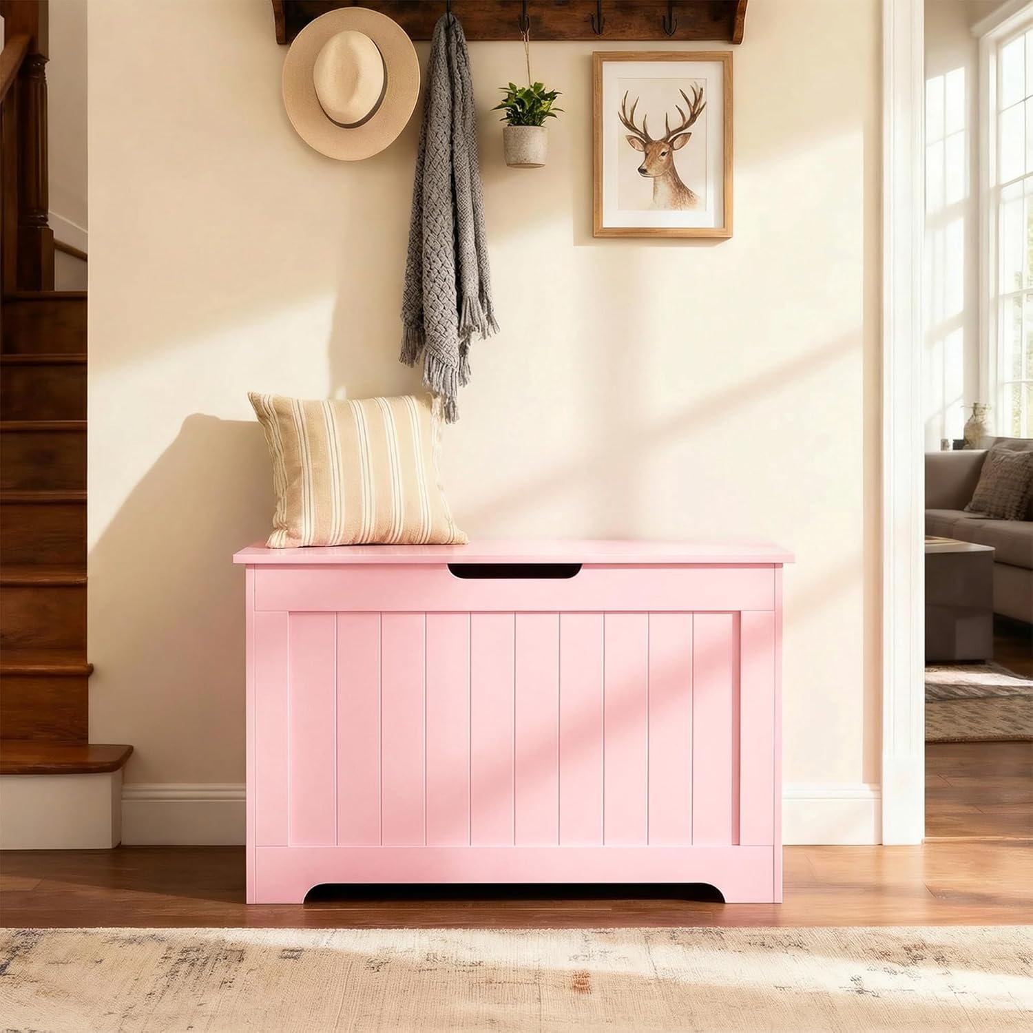 JungleA 30'' Box Storage Chest Trunk, Wooden Storage Bench Organizer Box Shoe Blanket Chest, w/2 Safety Hinges, for Living Room, Bedroom, Entryway, Pink