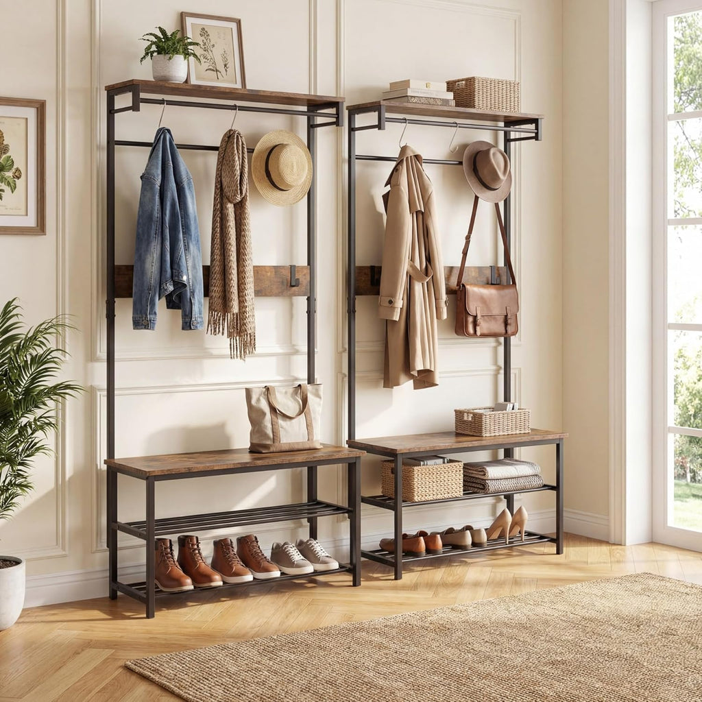 COSTWAY Hall Tree with Bench and Shoe Storage, 4-in-1 Entryway Organizer with 6 Removable Hooks, Top Shelf & Hanging Rod, Industrial Coat Rack for Mudroom Entrance Bedroom Living Room, Rustic Brown