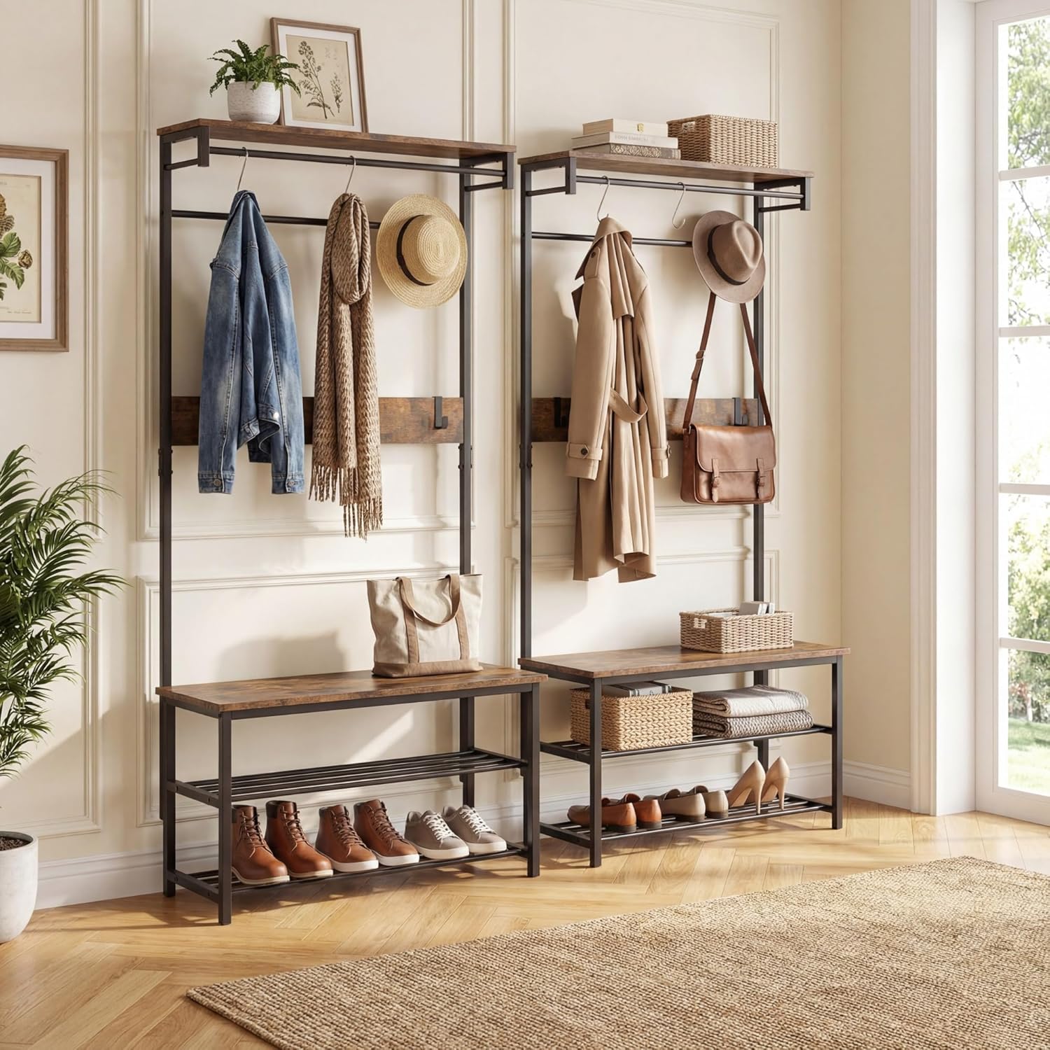 COSTWAY Hall Tree with Bench and Shoe Storage, 4-in-1 Entryway Organizer with 6 Removable Hooks, Top Shelf & Hanging Rod, Industrial Coat Rack for Mudroom Entrance Bedroom Living Room, Rustic Brown