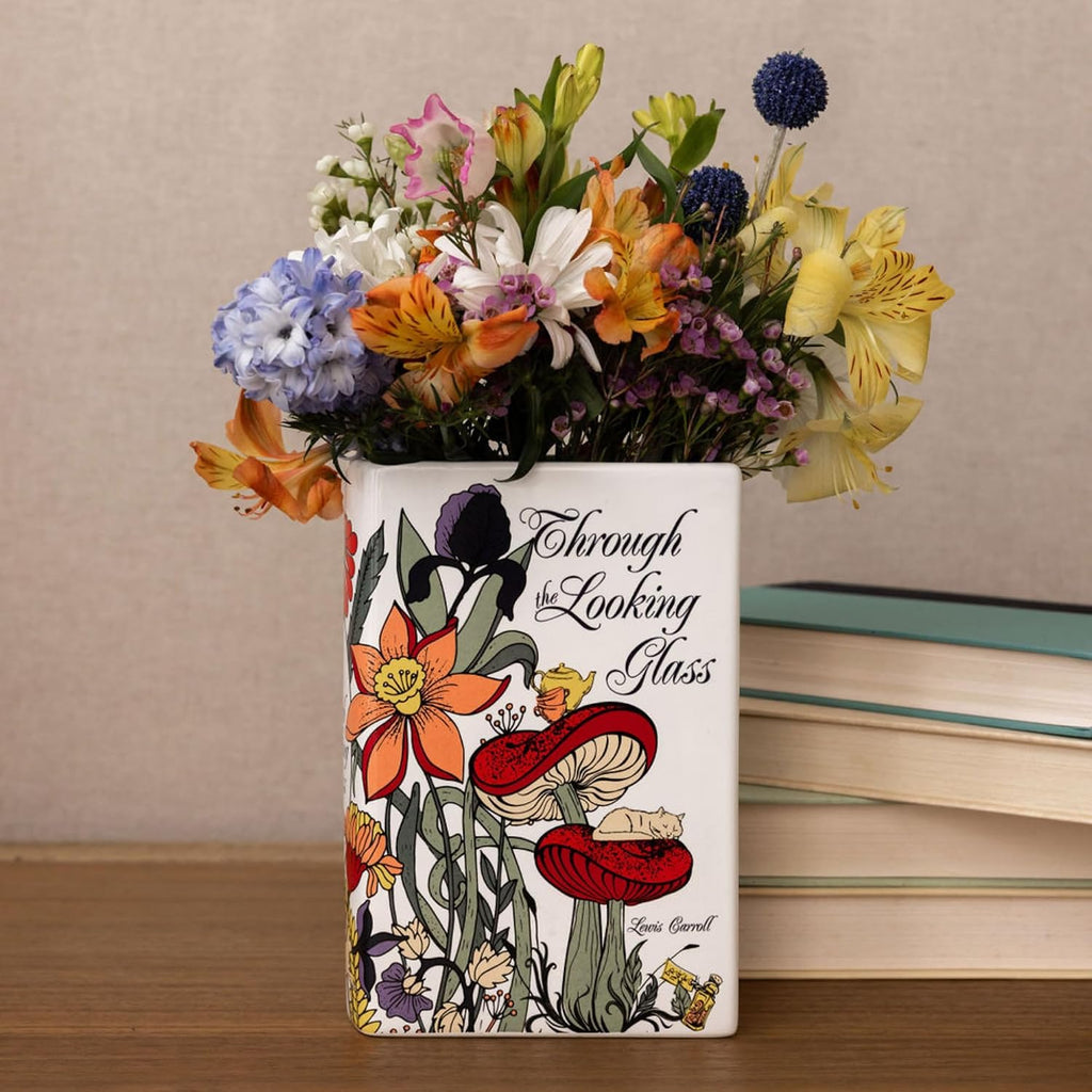 Steel Mill & Co. Ceramic Book-Shaped Vase, Through the Looking Glass | Original Large Decorative Vases for Home Decor, Cute Classic Bookshelf Decor, Unique Vase for Book Lovers