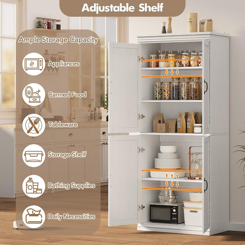 GarveeHome Pantry Cabinet, Freestanding Kitchen Pantry Storage Cabinet,70 in Cupboard, Tall Storage Cabinet with Doors and Adjustable Shelves, for Bathroom, Dining Room, Living Room, Antique White