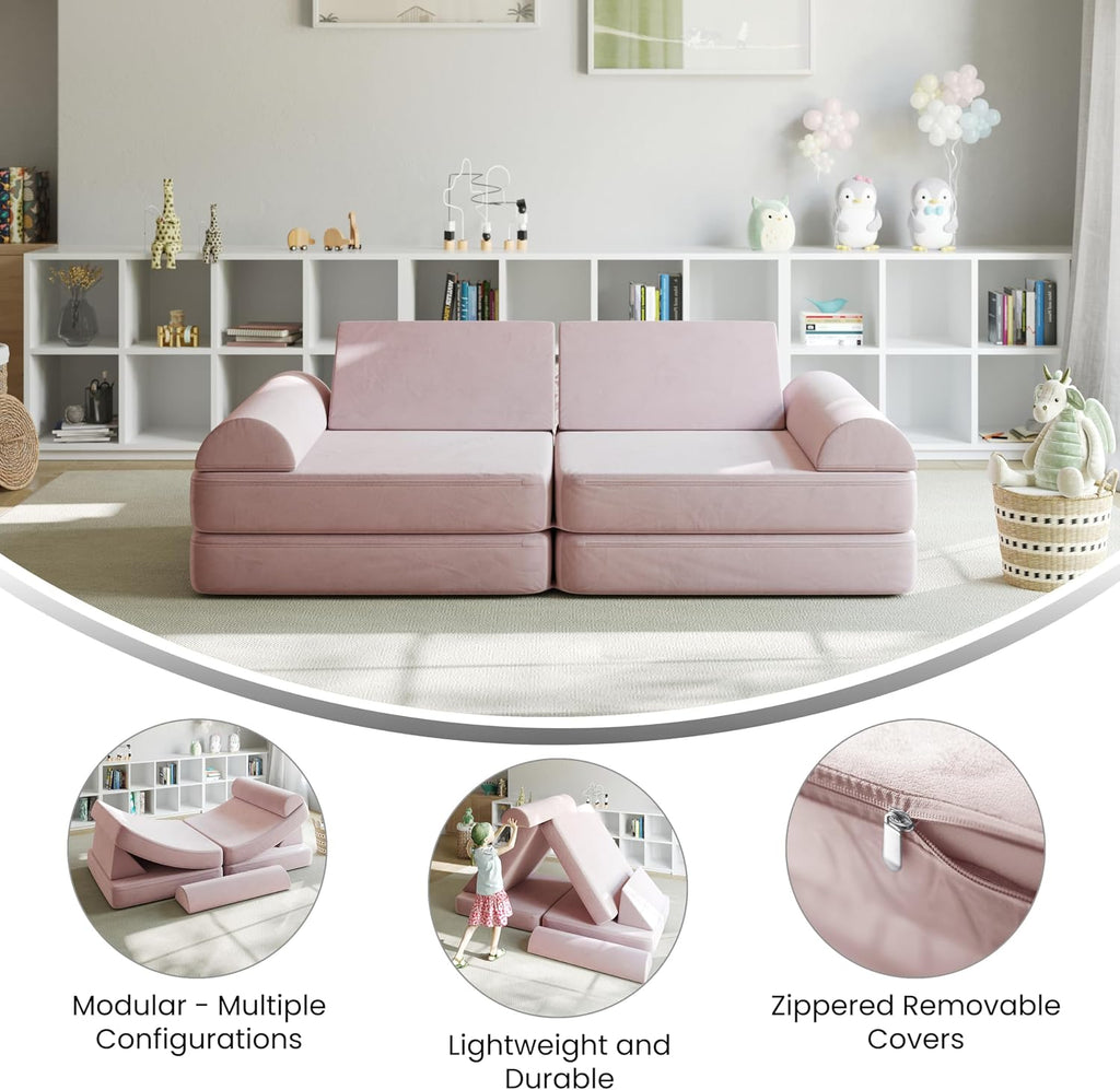 Flash Furniture Marlowe Modular Foam Kids Play Couch, 6 Soft Sectional Sofa Pieces, Convertible Kids Couch, Removable Covers, 56", Blush