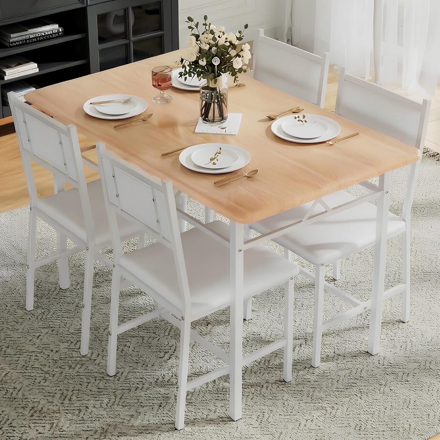 VECELO Dining Table Set for 4 with Chairs, 5-Piece Kitchen Table and Upholstered Padded Chairs Set for Small Space, Dining Room, Apartment, Natural White
