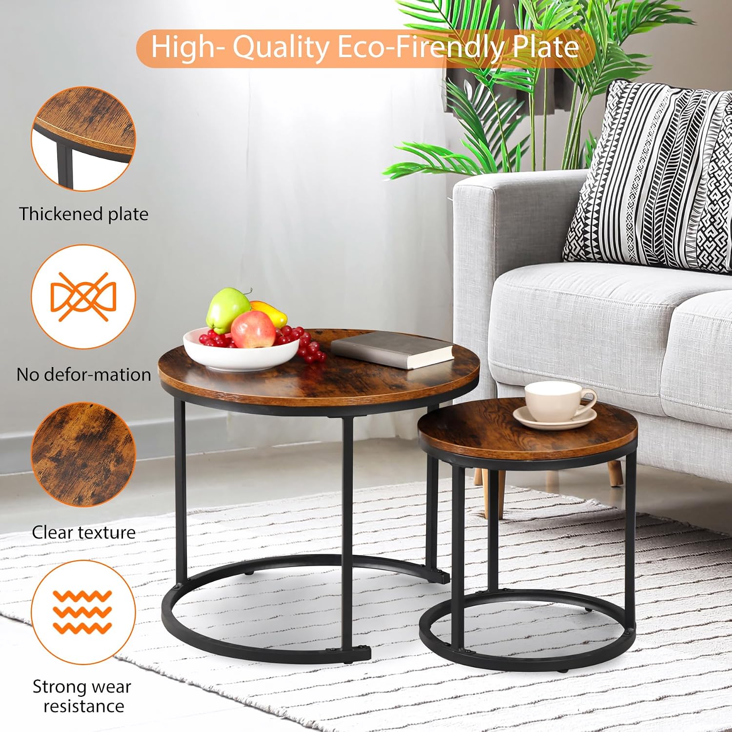 SUPER DEAL Small Round Coffee Tables for Living Room Apartment, Set of 2 Industrial Nesting Side End Table w/Wooden Surface Top and Sturdy Metal Legs Modern Table, Rustic Brown