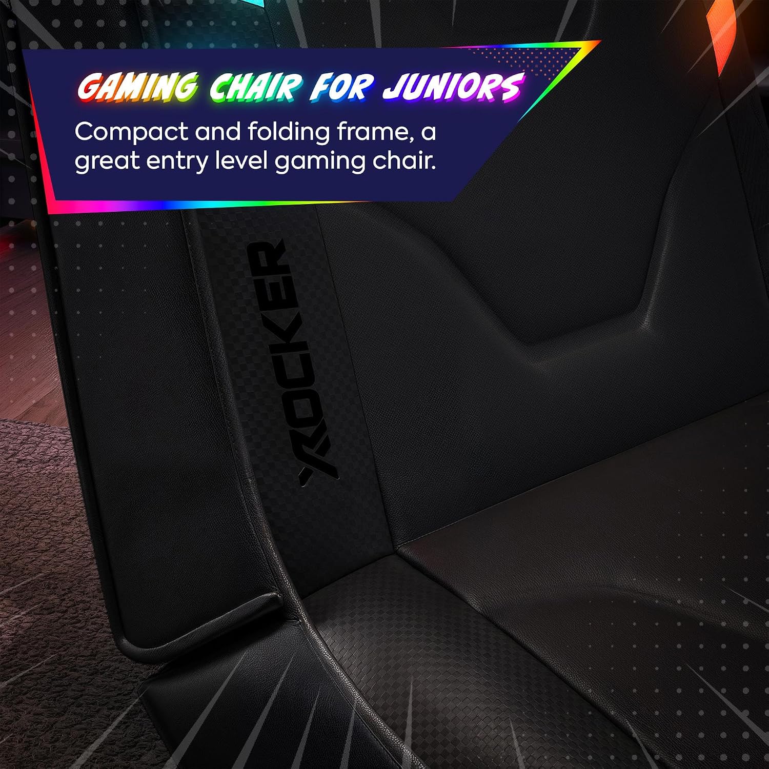 X Rocker Shadow RGB 2.0 Floor Rocker, Audio Console Gaming Chair - Neo Motion™ Sync App Controlled LED Lights, Headrest Speakers, Folding Rocking Base, Wipe-Clean Faux Leather for Kids & Teens - Black