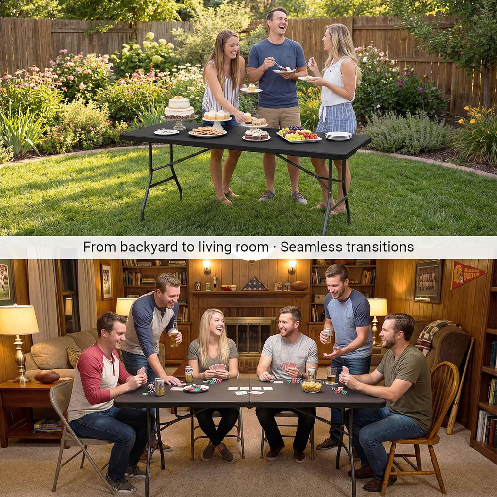 6ft Folding Table, Portable Heavy Duty Plastic Table for Party, Black | Fold-in-half Design with Carry Handle,Easy Setup,Compact Storage. Supports 330 lbs for Indoor & Outdoor use,Camping, Picnic