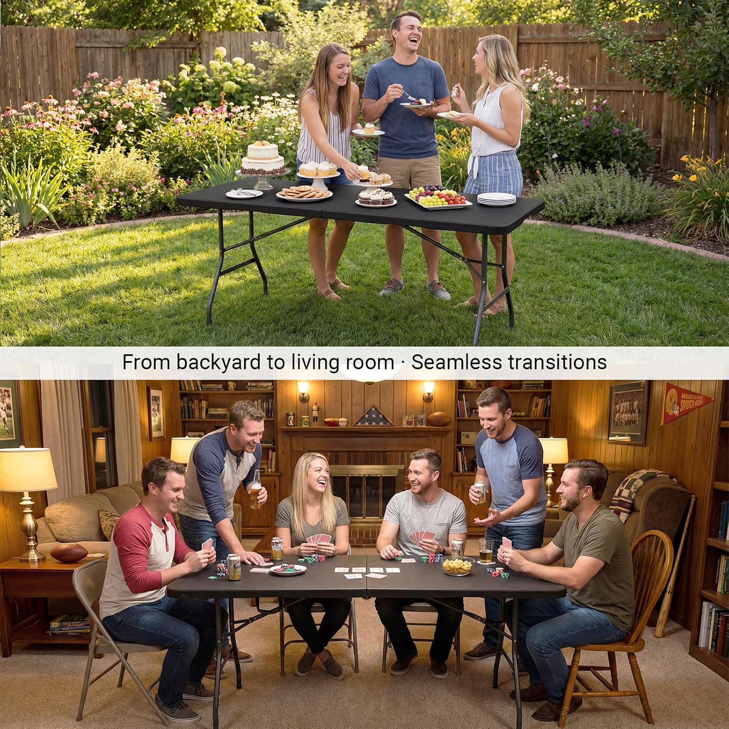 6ft Folding Table, Portable Heavy Duty Plastic Table for Party, Black | Fold-in-half Design with Carry Handle,Easy Setup,Compact Storage. Supports 330 lbs for Indoor & Outdoor use,Camping, Picnic