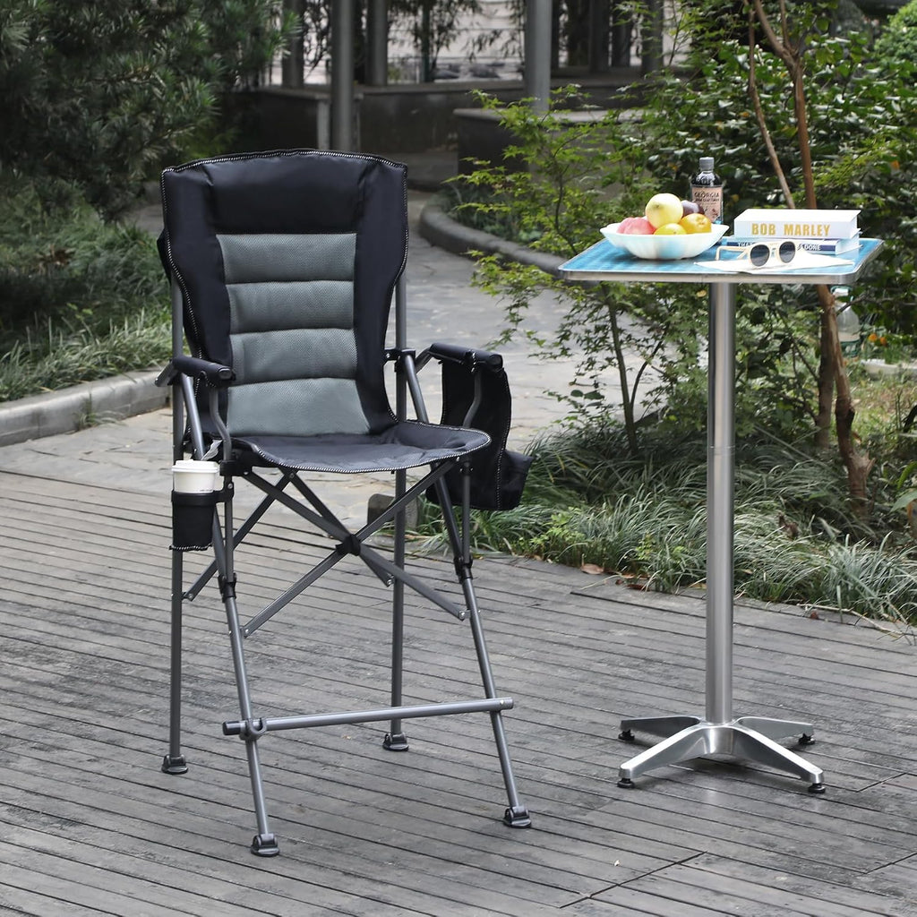 Extra Tall Camping Chairs for Adults 330lbs, Tall Lawn Chairs Portable Bar Height Foldable Director Chairs for Camping Outside, Comfortable with Makeup Pocket and Footrest, Black