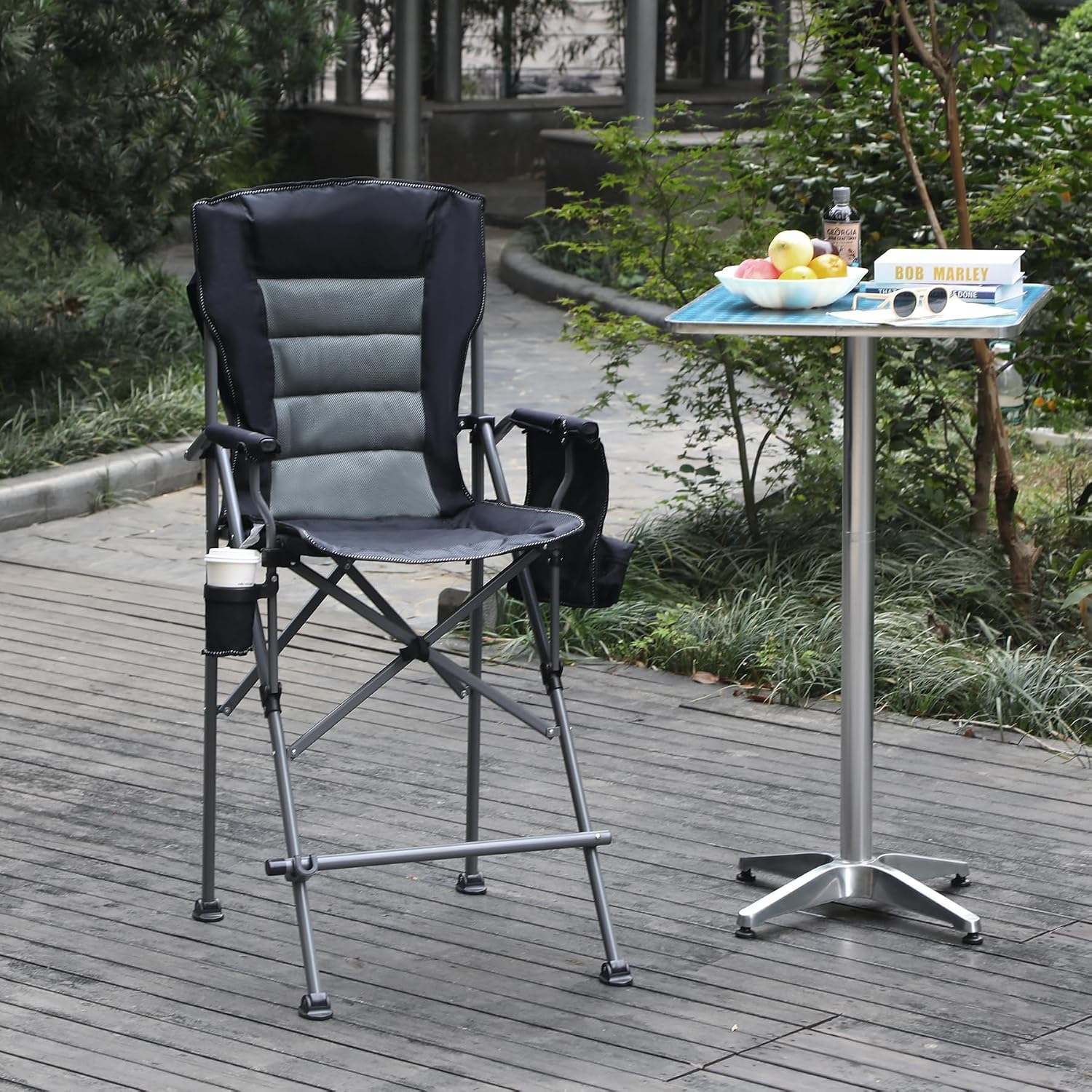 Extra Tall Camping Chairs for Adults 330lbs, Tall Lawn Chairs Portable Bar Height Foldable Director Chairs for Camping Outside, Comfortable with Makeup Pocket and Footrest, Black