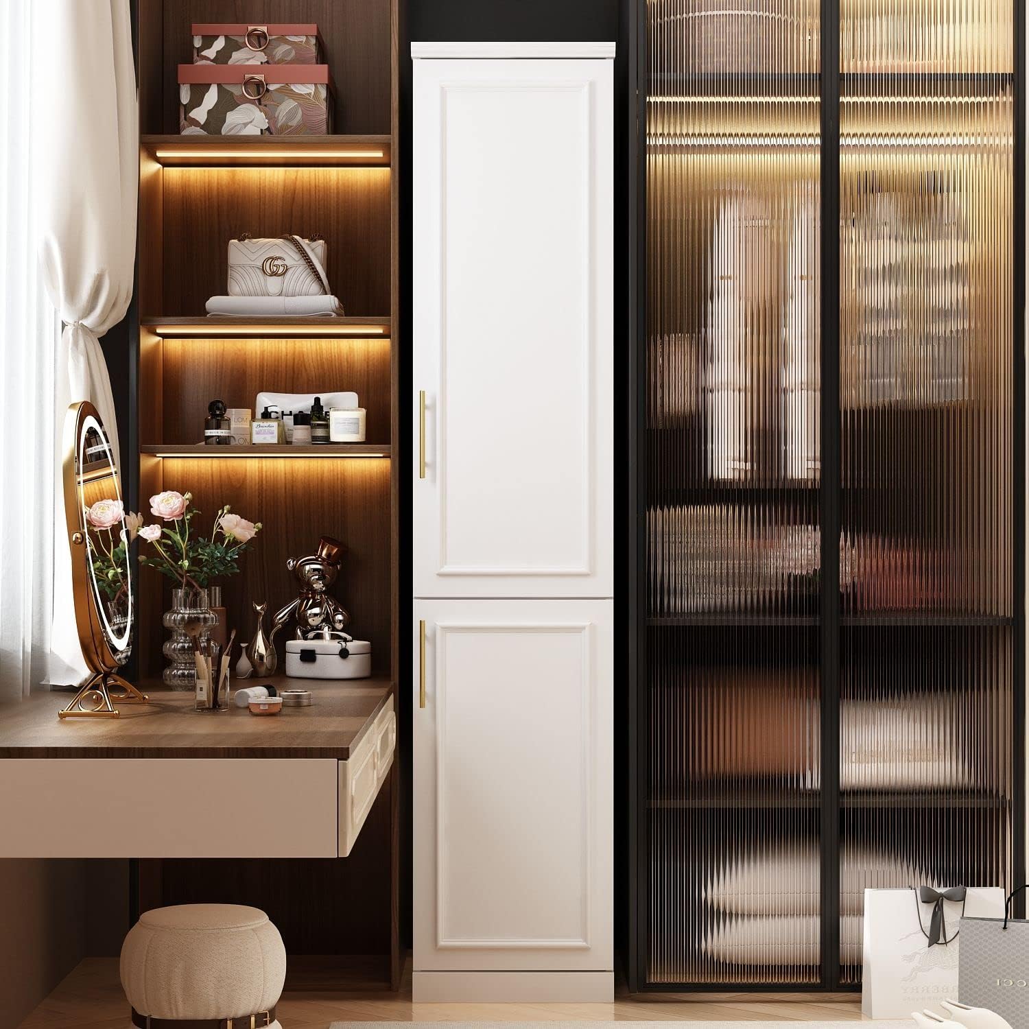 Slim Wardrobe Armoire with Clothing Rod and Storage Shelves, Narrow 2-Door Armoire Closet with Gold Handles, Shaker Style Tall Corner Clothing Cabinet, White 15.7" W x 19.3" D x 74.8" H