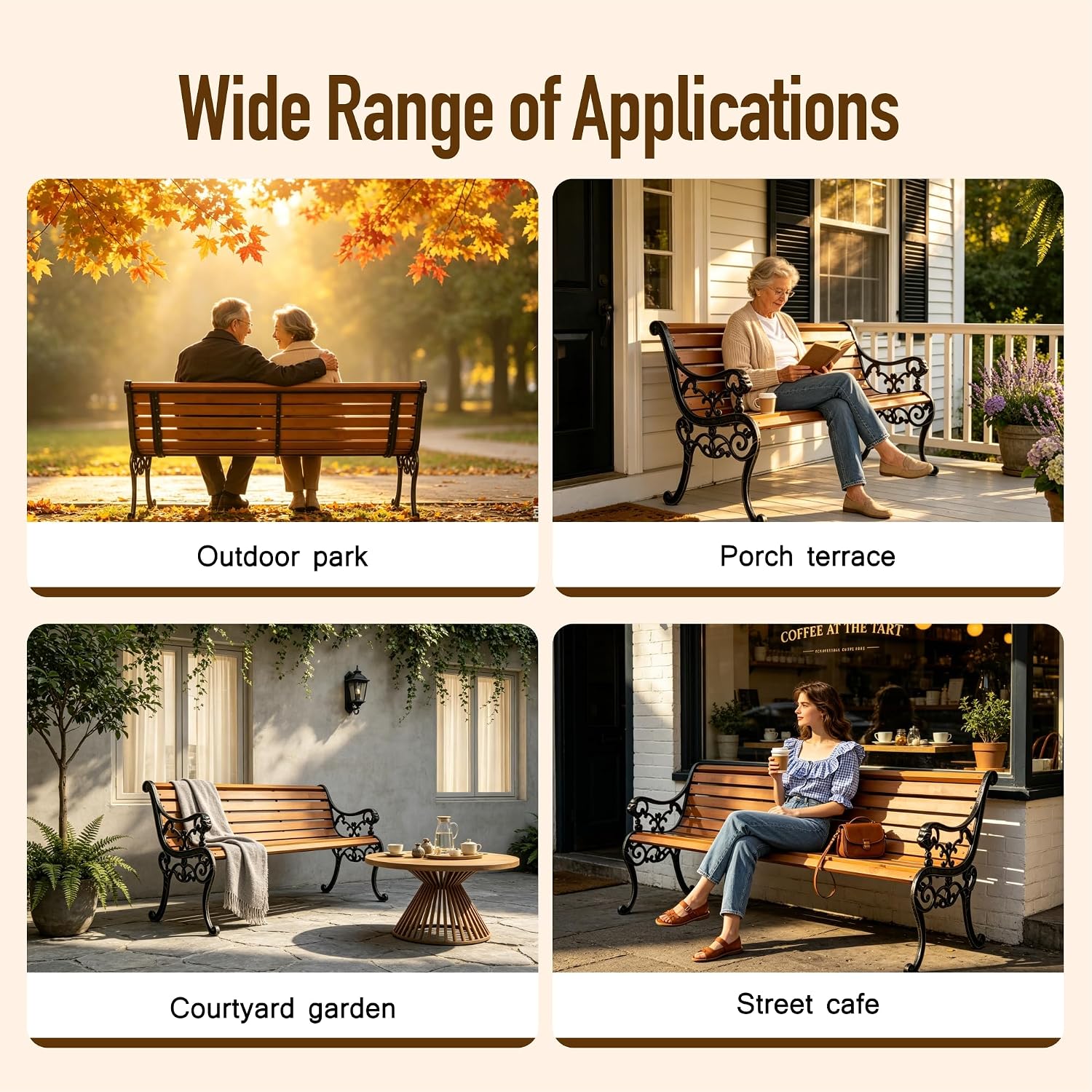 Outdoor Garden Bench, 59in Weatherproof Patio Bench with Cast Iron Backrest, Solid Wood Seat & Protective Cover, 570 LBS Capacity, Easy Assembly Park Bench for Yard/Deck/Porch(Black)
