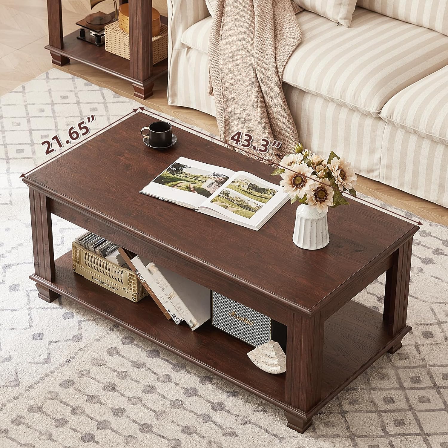 SAVOR LIFE Farmhouse Coffee Table Set of 3,Rustic Wooden Living Room Table Set,Large Coffee/End Side Tables with Open Shelf for Living Room,Walnut