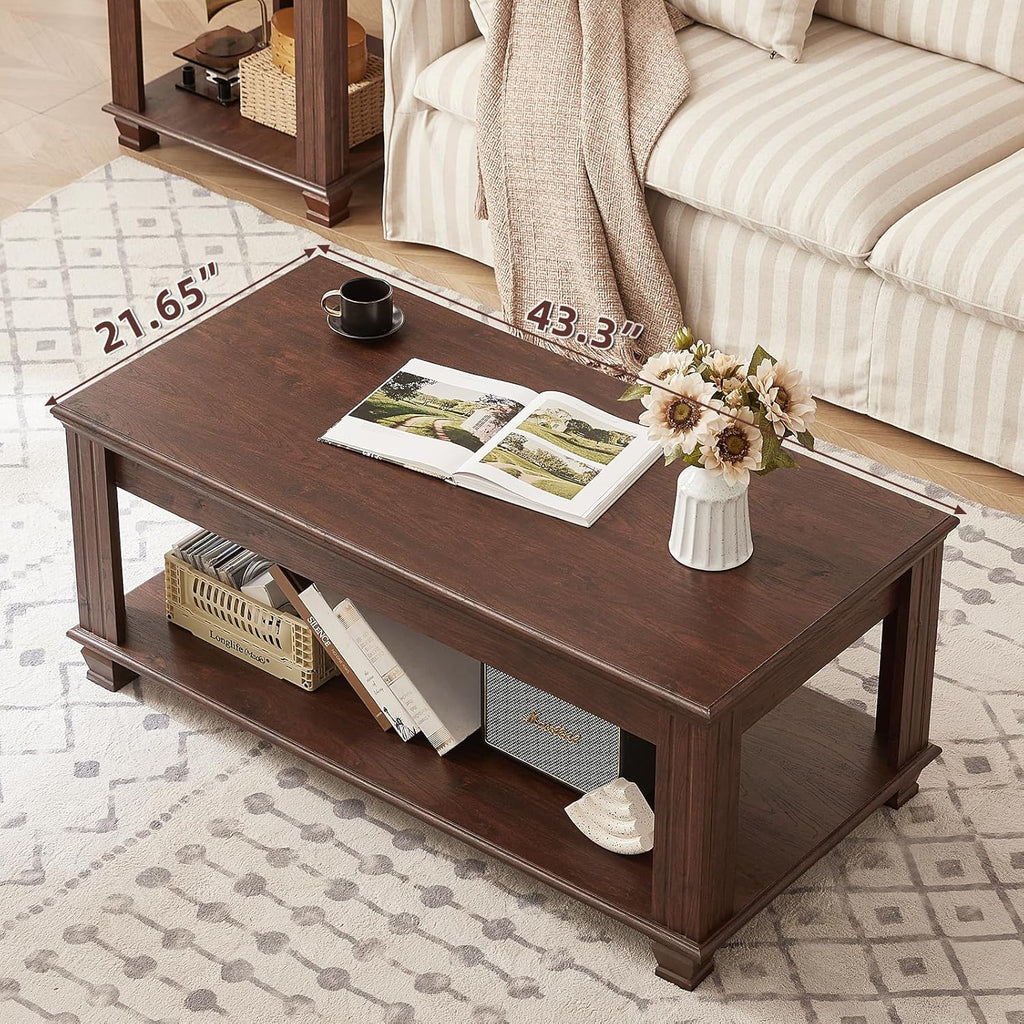 SAVOR LIFE Farmhouse Living Room Table Set,Rustic Wooden Coffee Table Set of 3,Large Coffee/End Side Tables with 2 Drawers for Living Room,Walnut