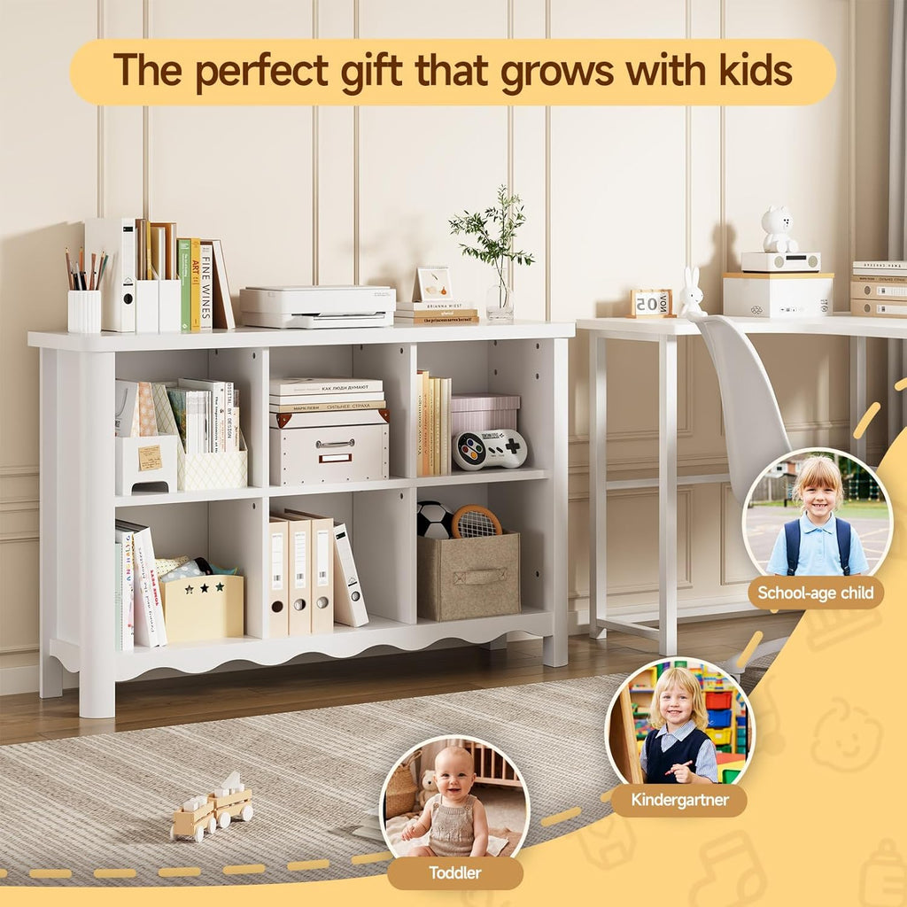 6 Cube Storage Organizer, 28 Inch Kids Low Storage Cabinet, Toddler Toy Storage Bookcase and Bookshelf for Kids Rooms, Playroom, Nursery, Living Room, Rounded Corners & Anti-Tip
