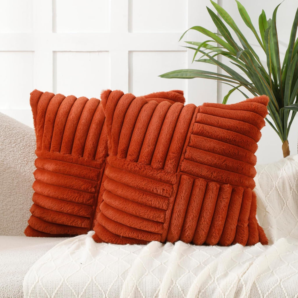 All Smiles Rust Throw Pillow Covers 18x18 Set of 2，Fall Autumn Burnt Orange Terracotta Decorative Cushion Cases Farmhouse Boho Living Room Sofa Couch Bed Soft Faux Fur Fluffy Velvet Cross Stitch