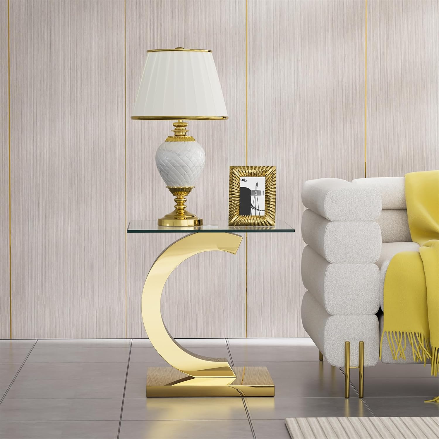 Modern Square Glass End Side Table with C-Shape Gold Stainless Steel Base, 22.83" Small Glass Top Bed Side Coffee Table Nightstand for Living Room Bedroom Office