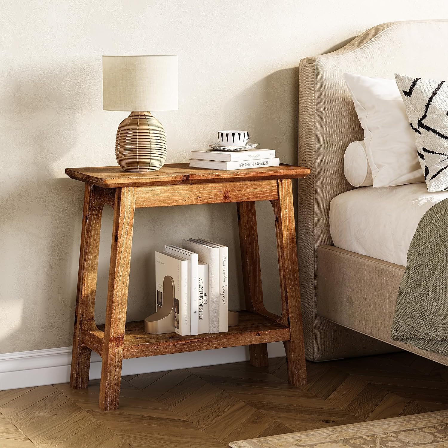 LITTLE TREE Narrow Side Table, Solid Wood Slim End Table for Small Spaces, 23.6" Sofa Side Tables, Skinny Bedside Tables Nightstand for Bedroom, Natural Wood (1 Piece)