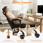 Desk Chair with Foot Rest, High-Back Mesh Office Chair with Wheels, Reclining Gaming Chair with Headrest and Adjustable Lumbar Support, 90°-130° Reclining, for Home Office and Gaming, Classic Black