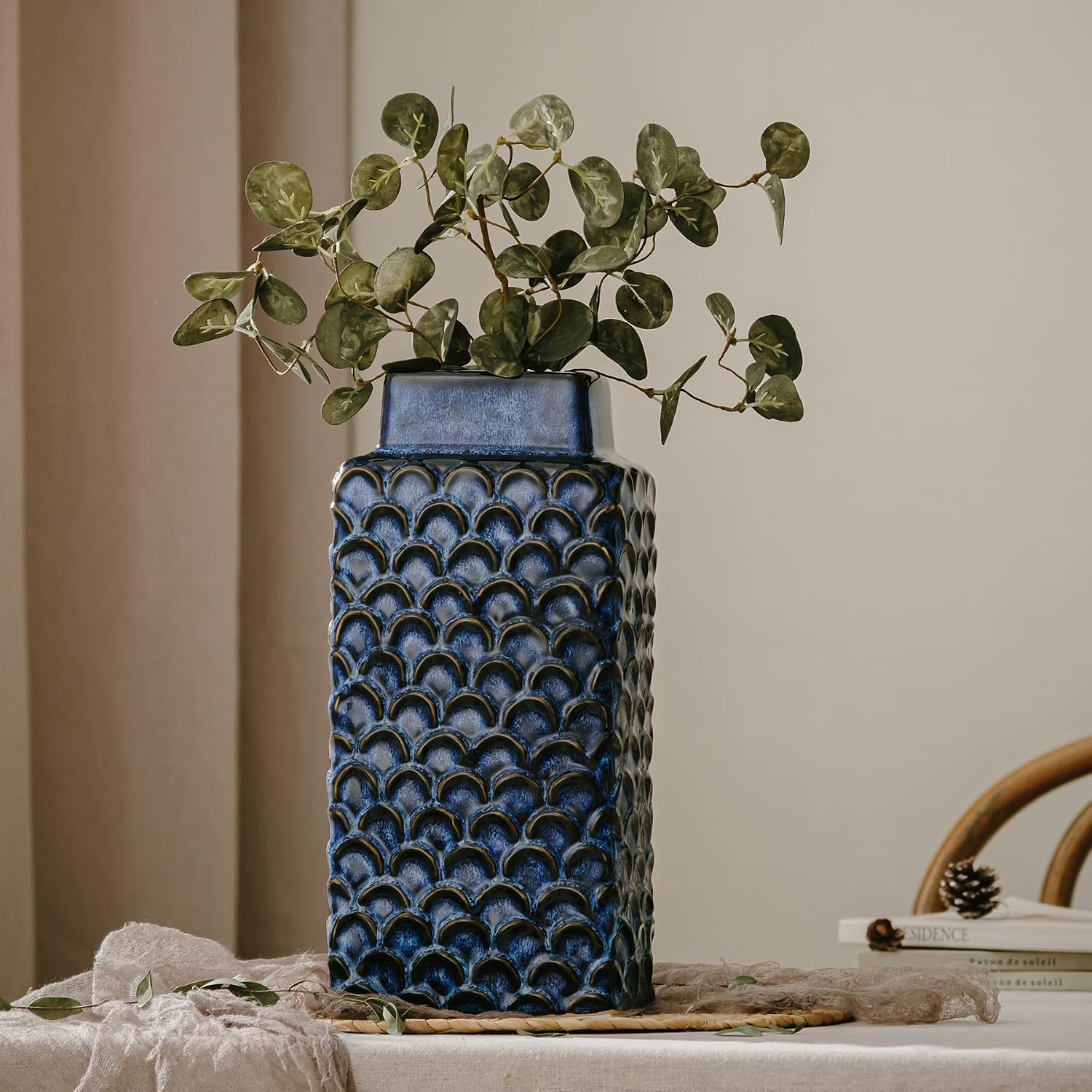 Ceramic Flower Vase, 12.6” Tall Vintage Blue Pottery Vase for Home Decor, Rustic Textured Vase for Pampas Grass, Living Room, Entryway, Mantel, Kitchen Table