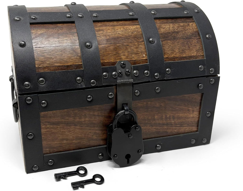 Nautical Cove Handmade Wooden Treasure Chest Storage Box – Deluxe Design with Real Leather Accents, Working Iron Lock & Skeleton Keys, Decorative Keepsake Chest (Medium - 10 x 7 x 7)