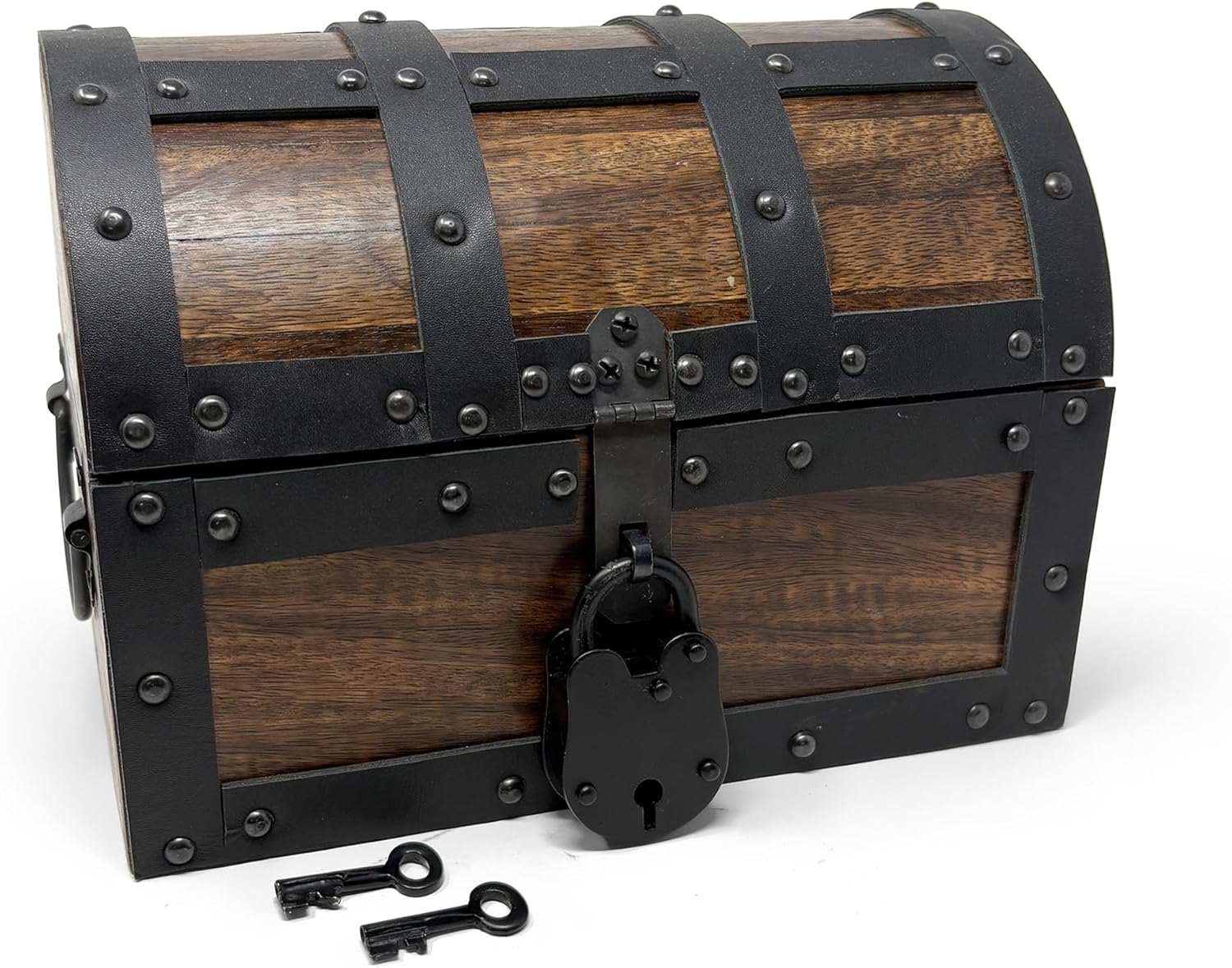 Nautical Cove Handmade Wooden Treasure Chest Storage Box – Deluxe Design with Real Leather Accents, Working Iron Lock & Skeleton Keys, Decorative Keepsake Chest (Medium - 10 x 7 x 7)