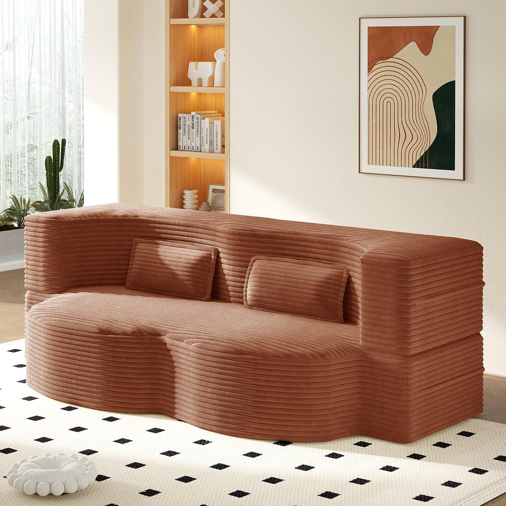 Convertible Folding Sofa Bed, 2-in-1 Full Size Floor Boneless Couch Bed, Loveseat sleeper Couch , Teddy Floor Sofa, Memory Foam Sleeper SofaBed, Small couches for small spaces, No Assembly, Orange