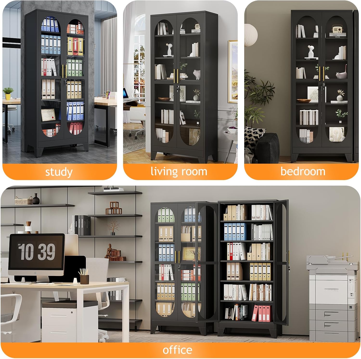 PAOFIN 75" H Locking Display Cabinet with Glass Door, Metal Curio Cabinets with 5 Adjustable Shelves, Tall Liquor Cabinet Display Case for Living Room, Wine, Clinic, Home - Assembly Required Black