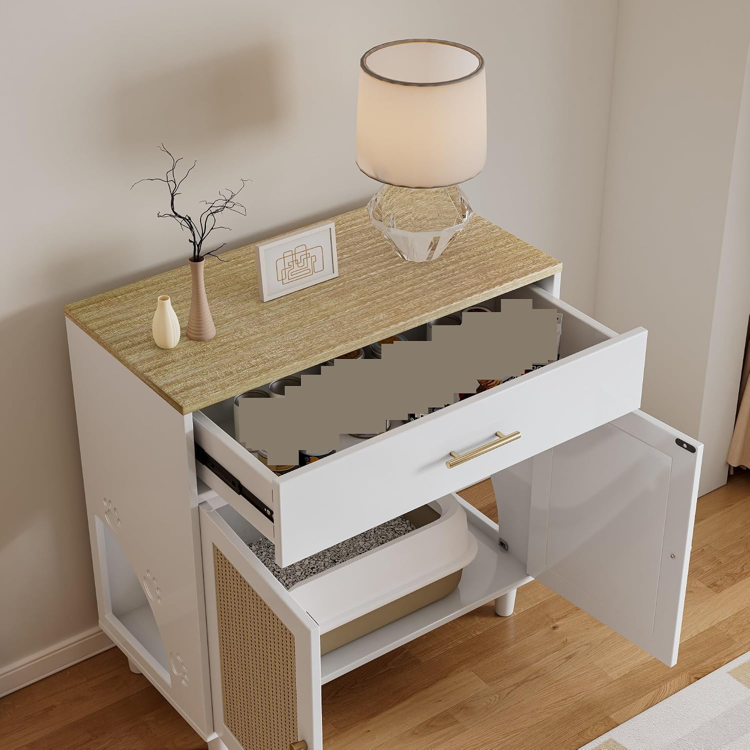 Contemporary Storage Cabinet, Cat Litter Box Enclosure with Scratch Pad, Hidden Litter Box Furniture,for Kitchen Home