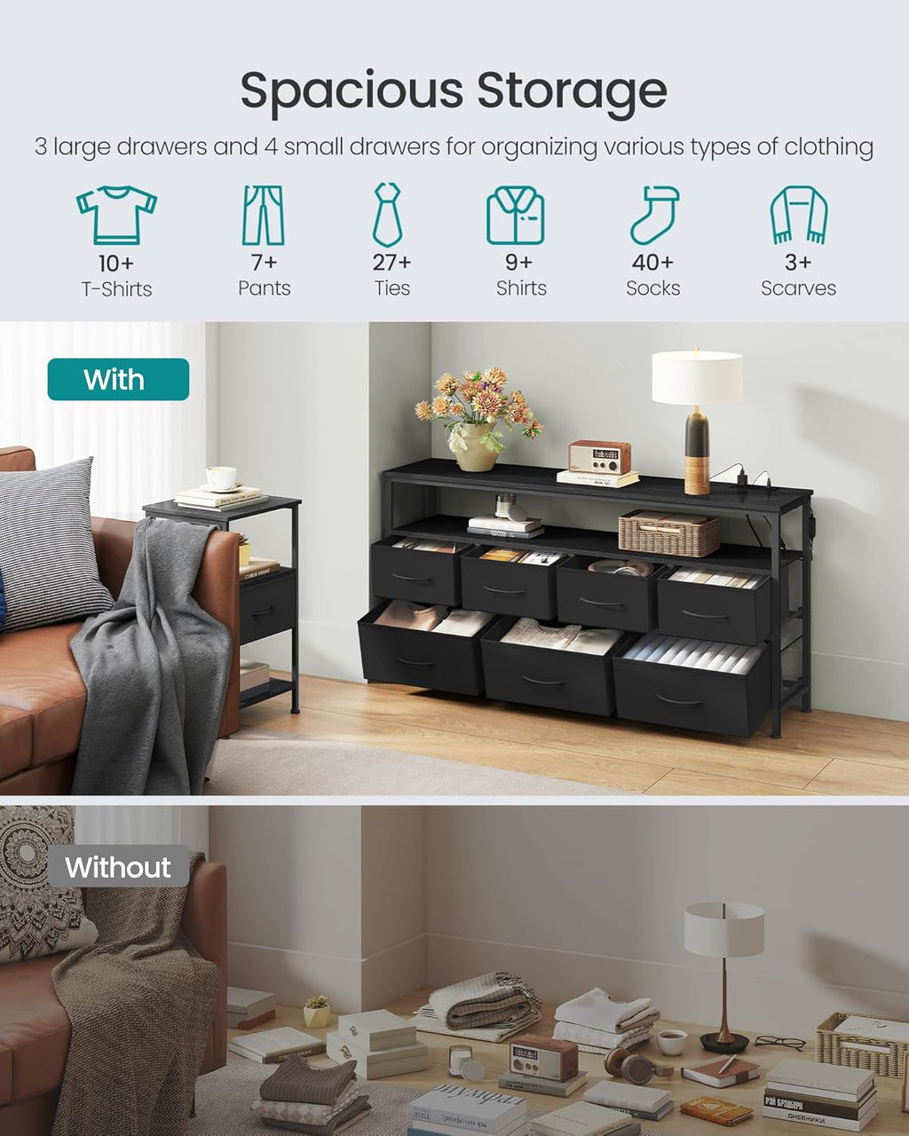 SONGMICS BELLAH Collection - Dresser for Bedroom with App-Controlled LED Lights and Charging Station, Chest of Drawers, TV Stand, 7 Drawers, Shelf, Modern, Ink Black ULGS733BH02S