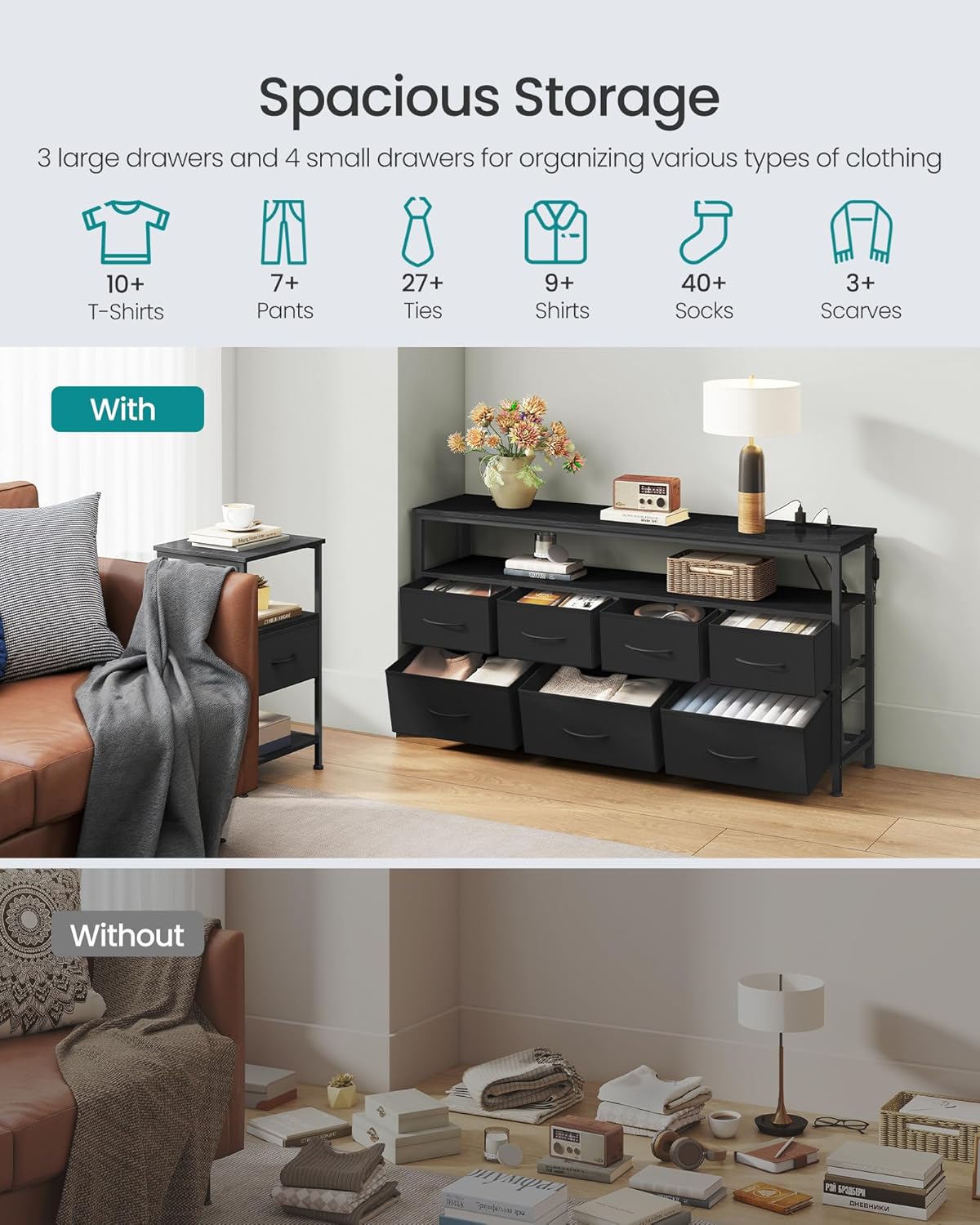 SONGMICS BELLAH Collection - Dresser for Bedroom with App-Controlled LED Lights and Charging Station, Chest of Drawers, TV Stand, 7 Drawers, Shelf, Modern, Ink Black ULGS733BH02S