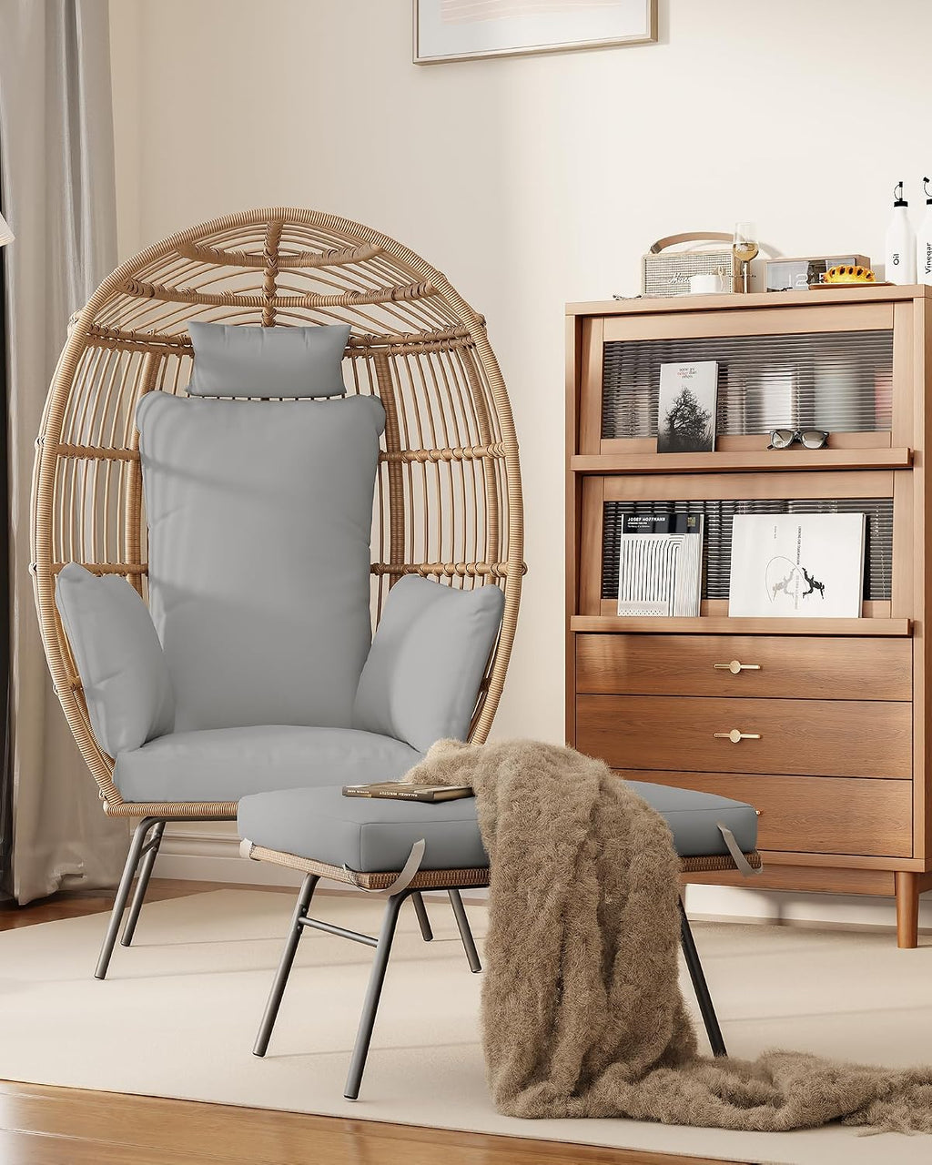 Wicker Egg Chair with Ottoman, Oversized Egg Shaped Lounge Chair with Thick Cushion, Comfy Rattan Seat for Indoor Outdoor Patio Porch Backyard, Grey