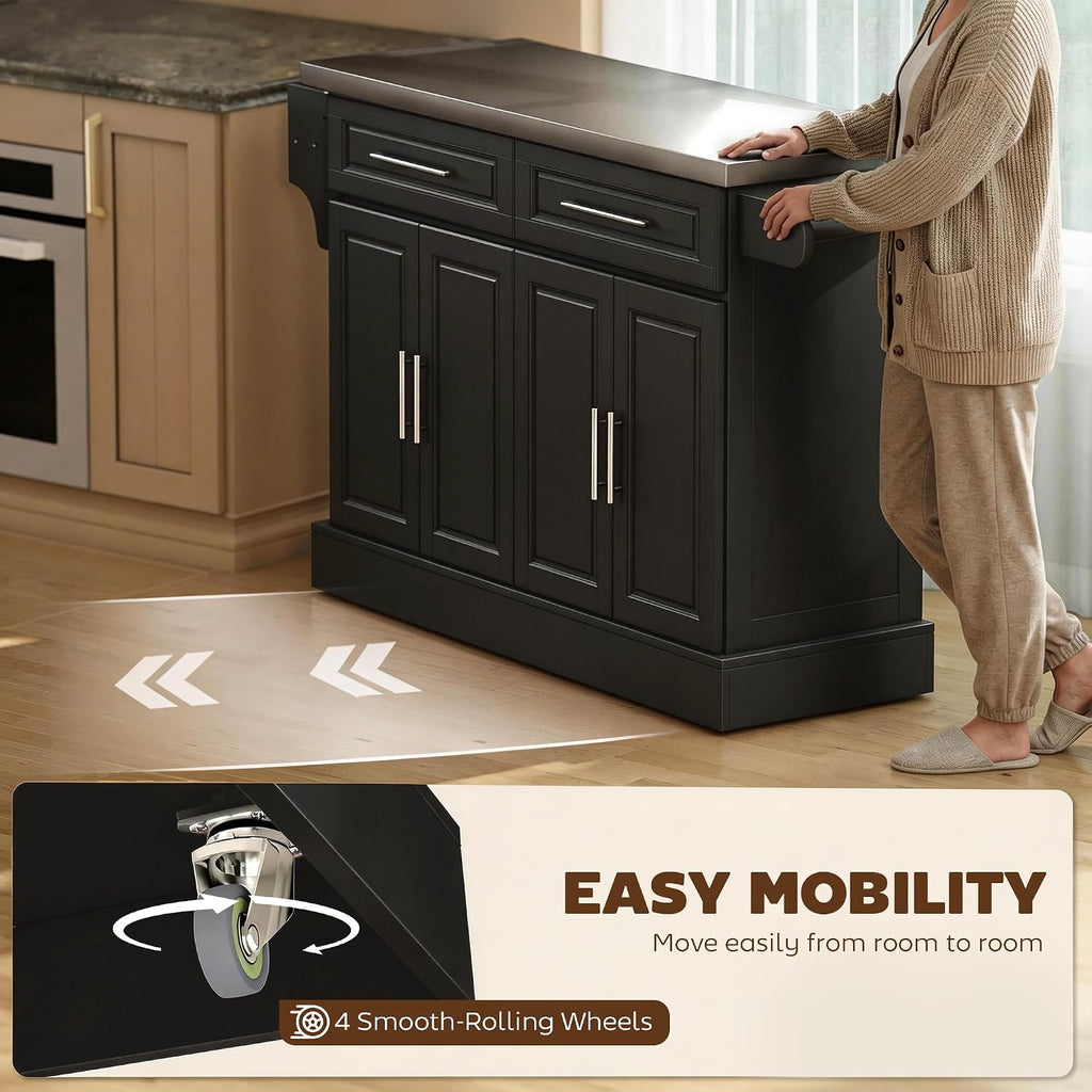 HOMCOM Rolling Kitchen Island Cart with 47" Stainless Steel Top Black | Portable Island Table for Kitchen, Wheels, Adjustable Shelves, 2 Drawers, Spice, Knife and Towel Rack